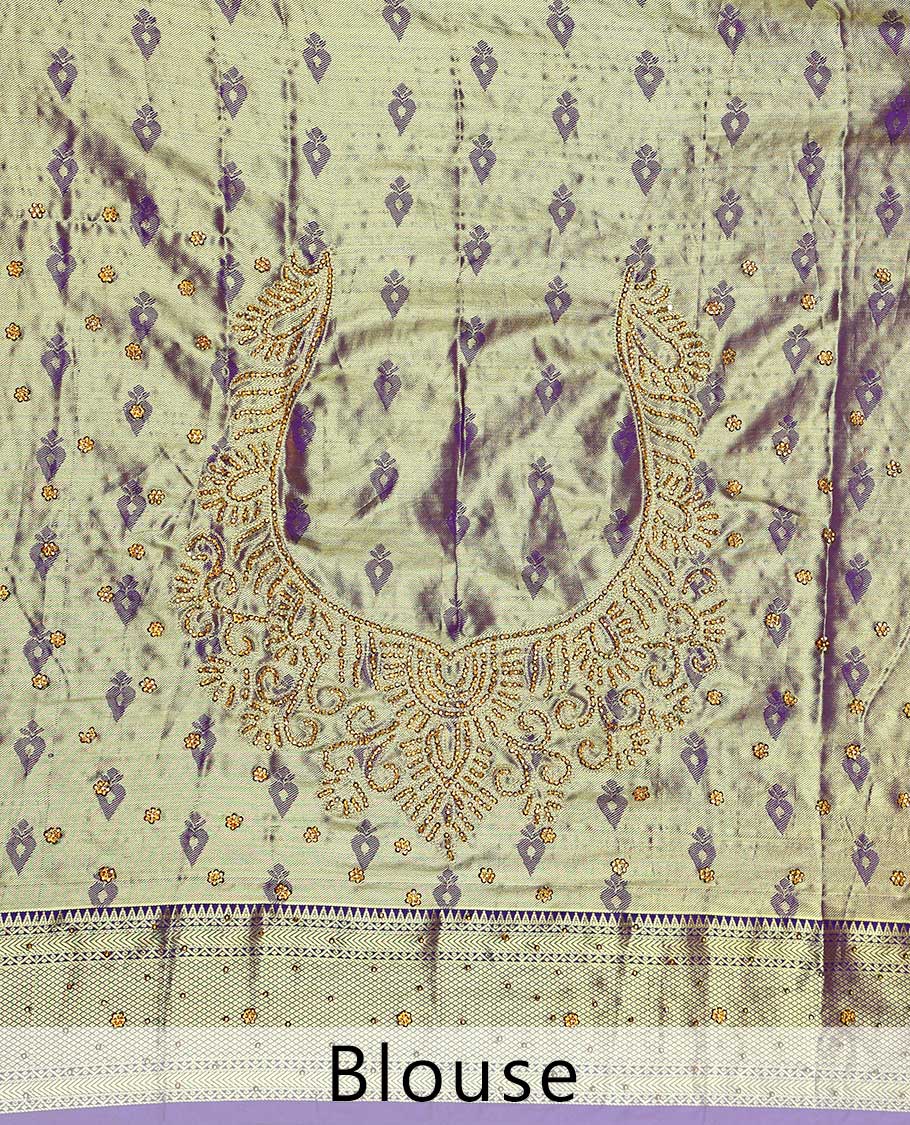 Pink floral-jaal jacquard vastrakala silk saree, contrast paisley border & pallu of ogee pattern, all-over stonework