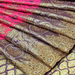 Pink floral-jaal jacquard vastrakala silk saree, contrast paisley border & pallu of ogee pattern, all-over stonework