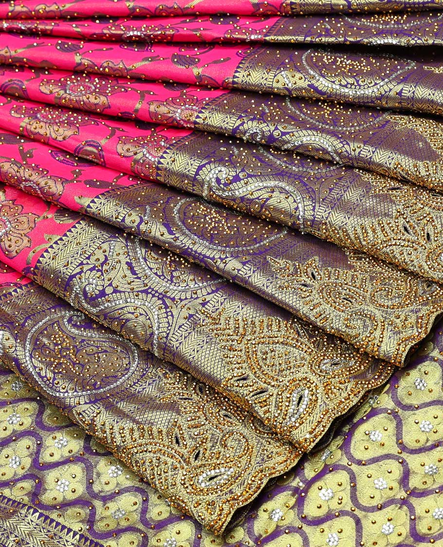Pink floral-jaal jacquard vastrakala silk saree, contrast paisley border & pallu of ogee pattern, all-over stonework