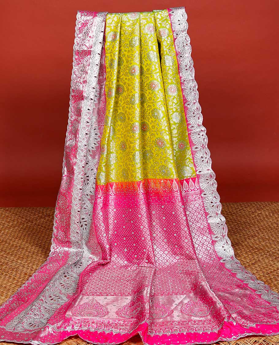 Leaf green silksaree with floral-jaal jacquard, contrast cut work border & pallu of argyle design, all-over stonework