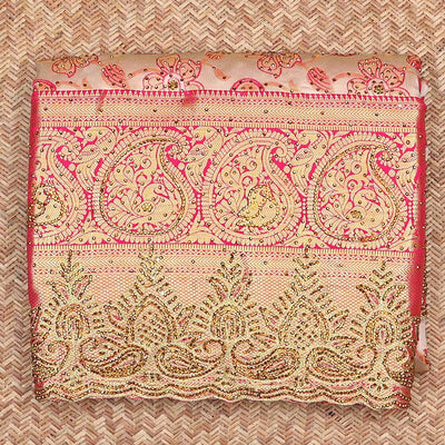 Cream silk saree floral-jaal jacquard ,contrast paisley border & pallu of ogee pattern, all-over stonework