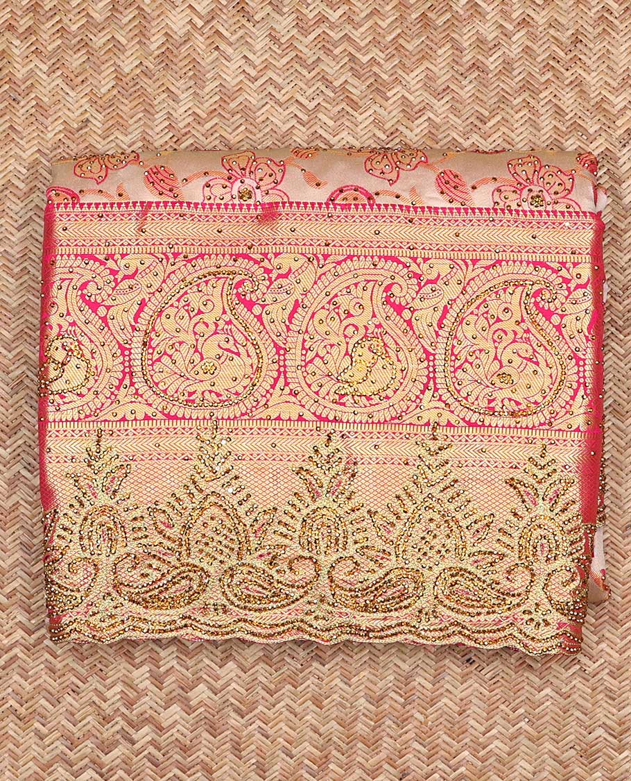 Cream silk saree floral-jaal jacquard ,contrast paisley border & pallu of ogee pattern, all-over stonework