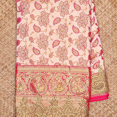Cream silk saree floral-jaal jacquard ,contrast paisley border & pallu of ogee pattern, all-over stonework