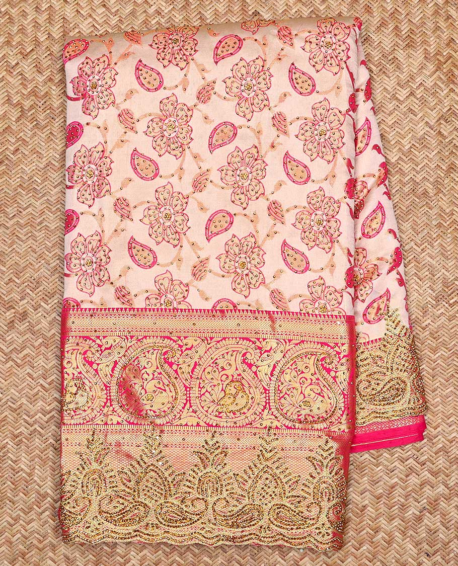 Cream silk saree floral-jaal jacquard ,contrast paisley border & pallu of ogee pattern, all-over stonework