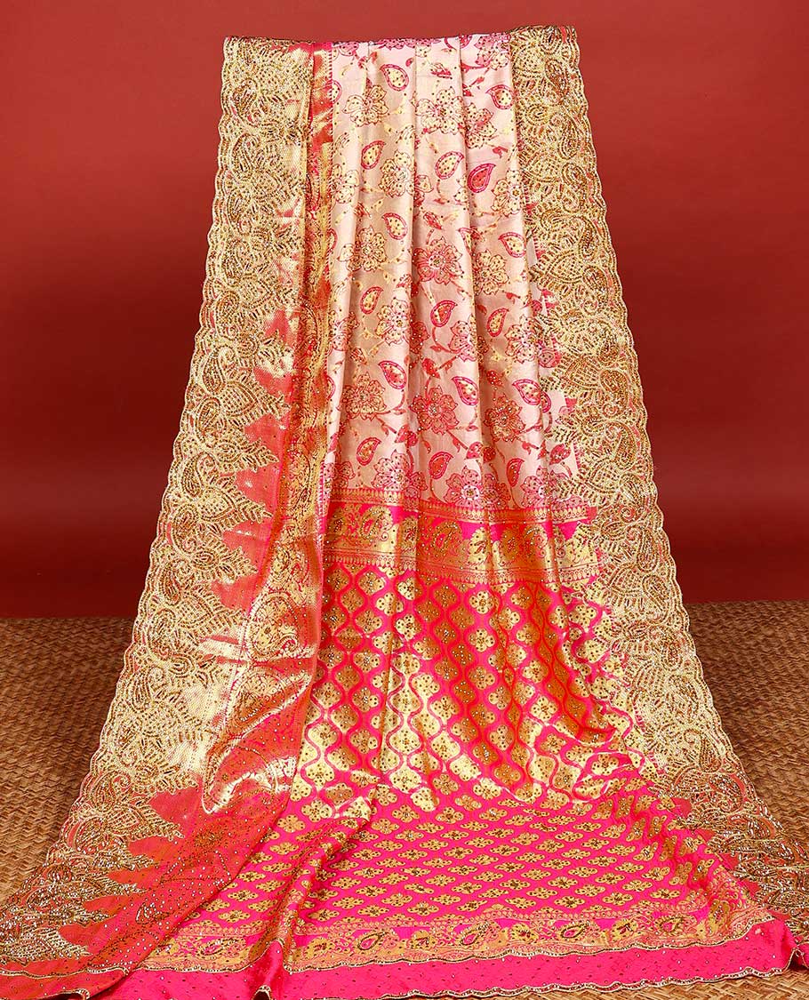 Cream silk saree floral-jaal jacquard ,contrast paisley border & pallu of ogee pattern, all-over stonework