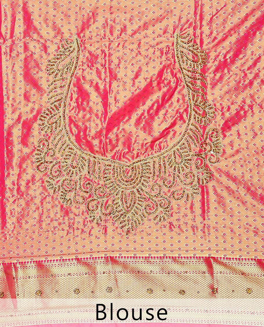 Cream silk saree floral-jaal jacquard ,contrast paisley border & pallu of ogee pattern, all-over stonework