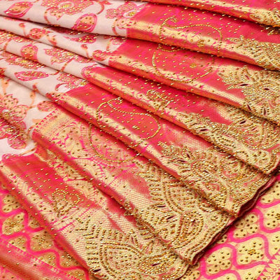 Cream silk saree floral-jaal jacquard ,contrast paisley border & pallu of ogee pattern, all-over stonework