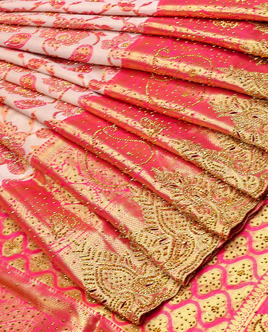 Cream silk saree floral-jaal jacquard ,contrast paisley border & pallu of ogee pattern, all-over stonework