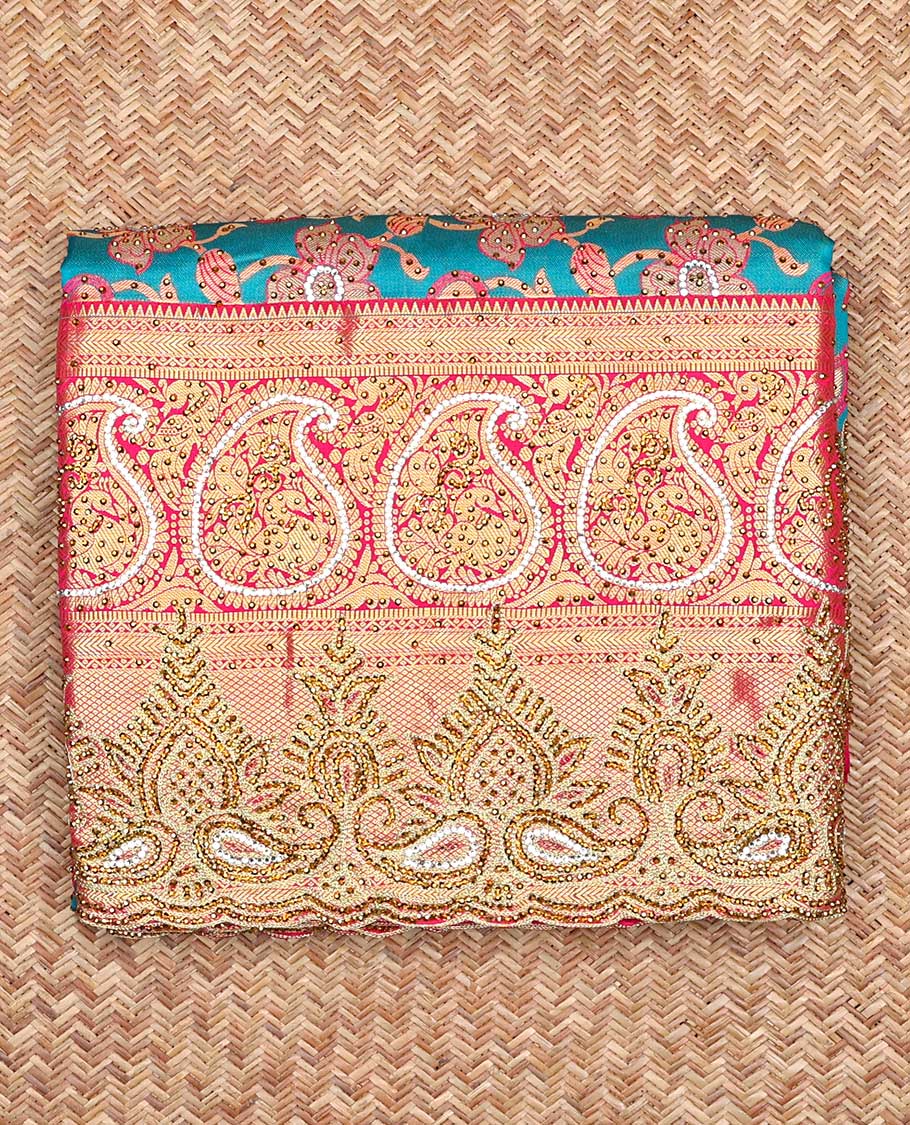 Sky blue floral-jaal jacquard vastrakala silksaree, contrast paisley border & pallu of ogee pattern, all-over stonework