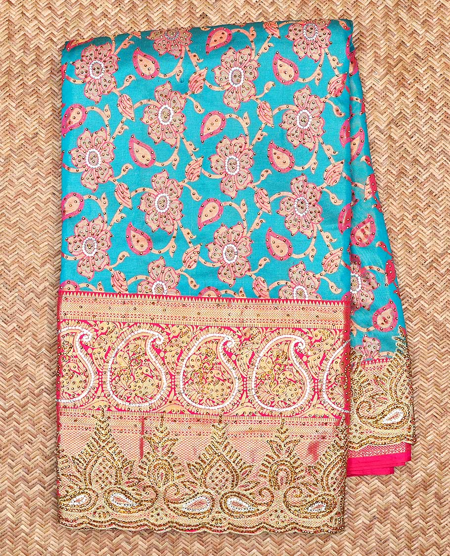 Sky blue floral-jaal jacquard vastrakala silksaree, contrast paisley border & pallu of ogee pattern, all-over stonework