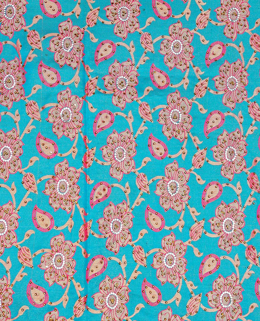 Sky blue floral-jaal jacquard vastrakala silksaree, contrast paisley border & pallu of ogee pattern, all-over stonework