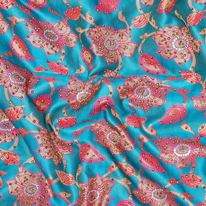 Sky blue floral-jaal jacquard vastrakala silksaree, contrast paisley border & pallu of ogee pattern, all-over stonework