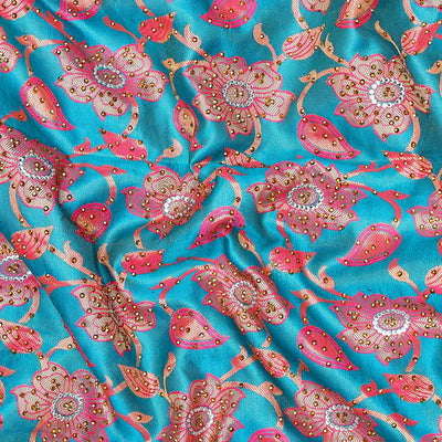 Sky blue floral-jaal jacquard vastrakala silksaree, contrast paisley border & pallu of ogee pattern, all-over stonework