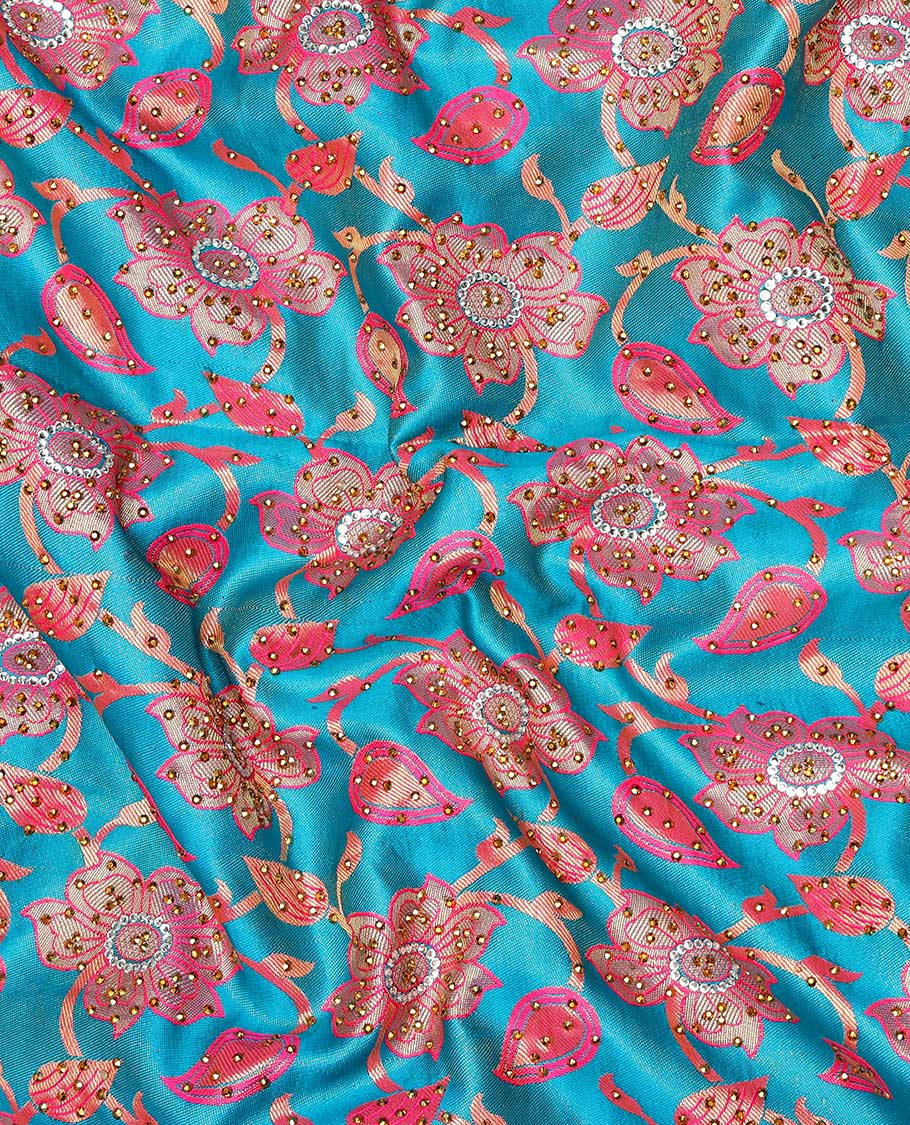 Sky blue floral-jaal jacquard vastrakala silksaree, contrast paisley border & pallu of ogee pattern, all-over stonework