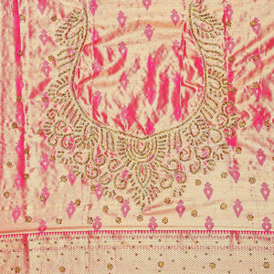 Sky blue floral-jaal jacquard vastrakala silksaree, contrast paisley border & pallu of ogee pattern, all-over stonework