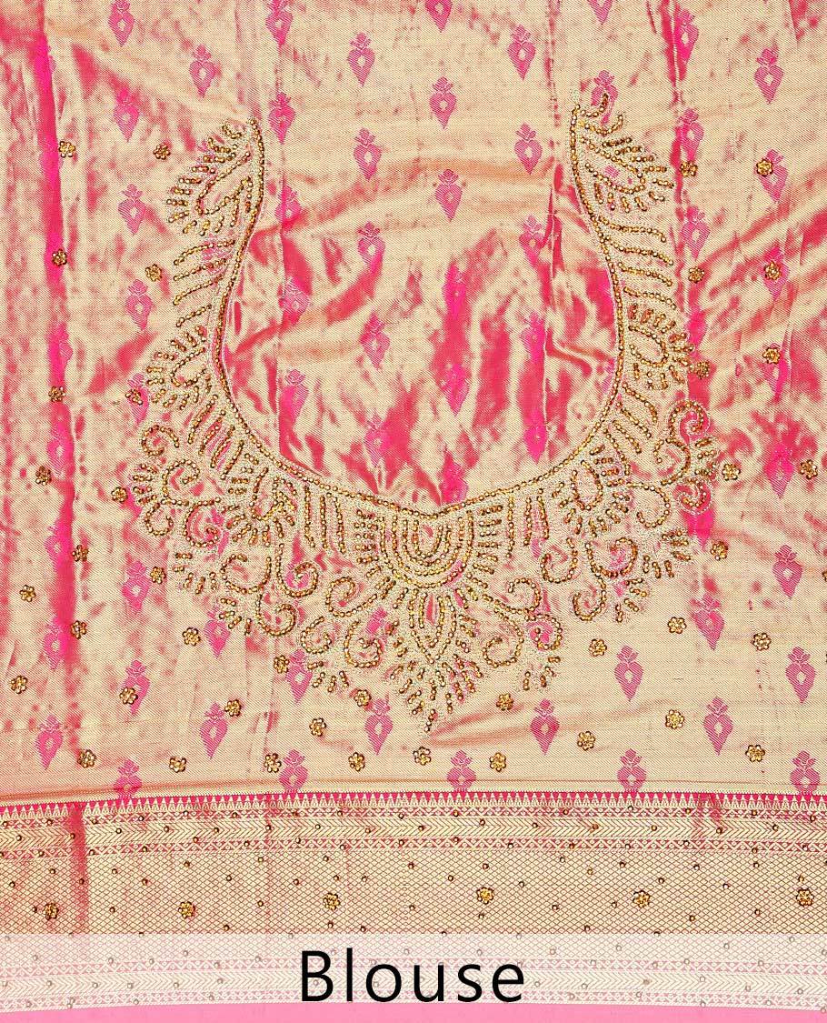 Sky blue floral-jaal jacquard vastrakala silksaree, contrast paisley border & pallu of ogee pattern, all-over stonework