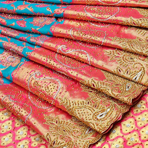 Sky blue floral-jaal jacquard vastrakala silksaree, contrast paisley border & pallu of ogee pattern, all-over stonework