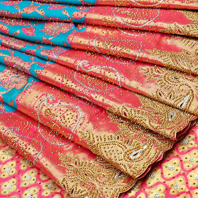 Sky blue floral-jaal jacquard vastrakala silksaree, contrast paisley border & pallu of ogee pattern, all-over stonework
