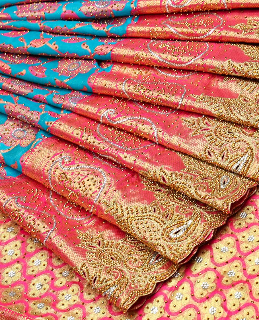 Sky blue floral-jaal jacquard vastrakala silksaree, contrast paisley border & pallu of ogee pattern, all-over stonework