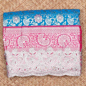 Blue sapphire silksaree with floral vine in stonework, contrast stonework & cutwork border & intricate stonework pallu