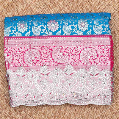 Blue sapphire silksaree with floral vine in stonework, contrast stonework & cutwork border & intricate stonework pallu