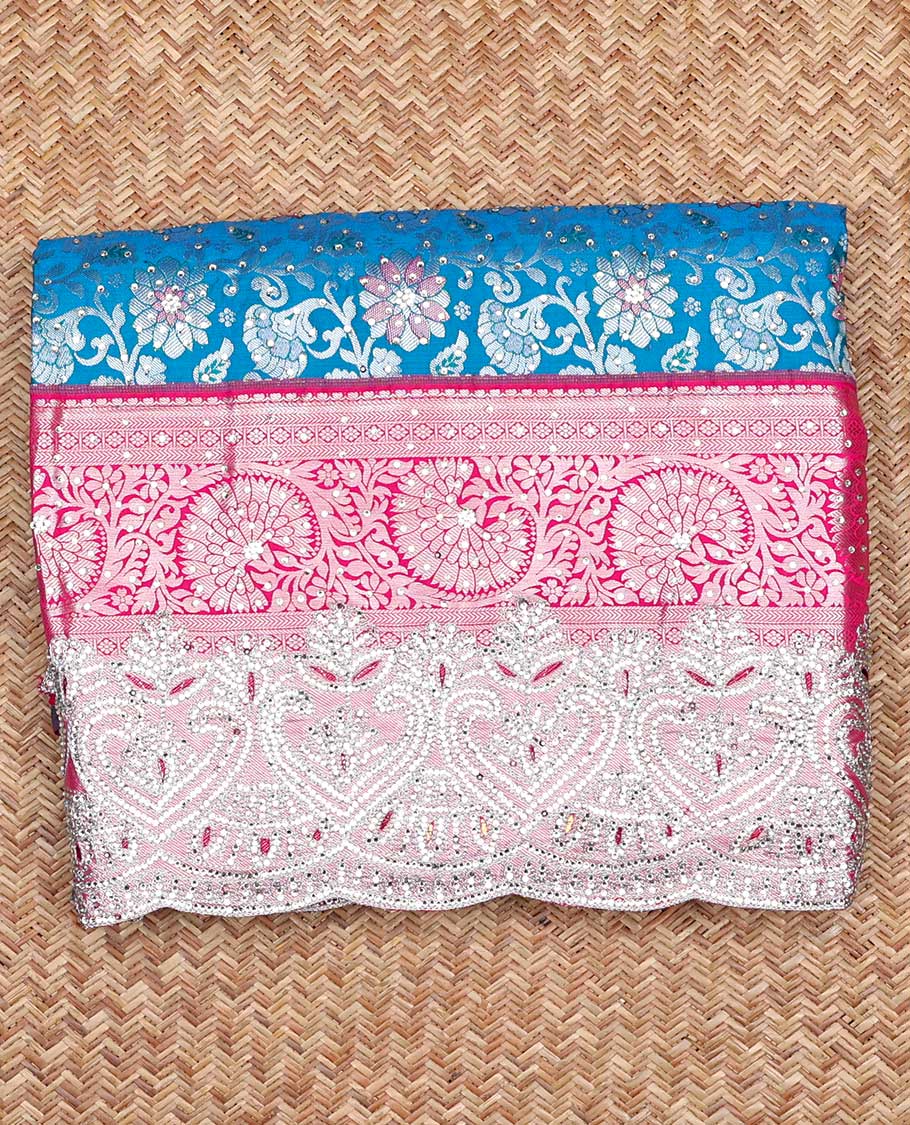 Blue sapphire silksaree with floral vine in stonework, contrast stonework & cutwork border & intricate stonework pallu