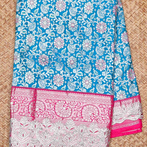 Blue sapphire silksaree with floral vine in stonework, contrast stonework & cutwork border & intricate stonework pallu