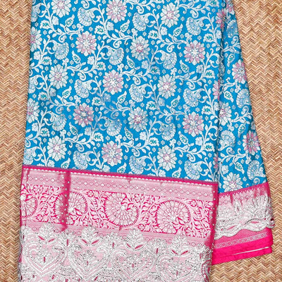 Blue sapphire silksaree with floral vine in stonework, contrast stonework & cutwork border & intricate stonework pallu