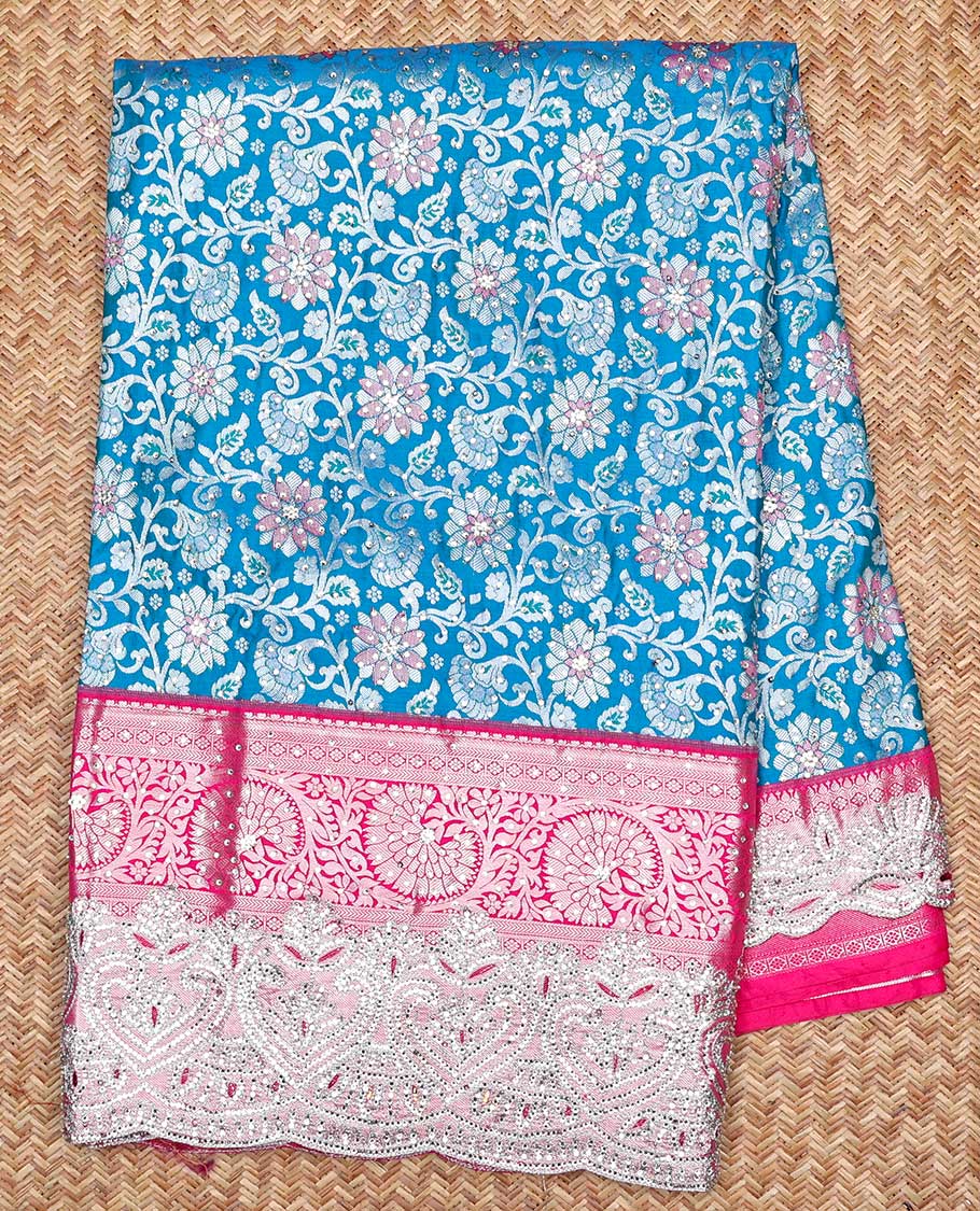 Blue sapphire silksaree with floral vine in stonework, contrast stonework & cutwork border & intricate stonework pallu