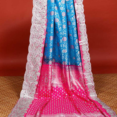 Blue sapphire silksaree with floral vine in stonework, contrast stonework & cutwork border & intricate stonework pallu