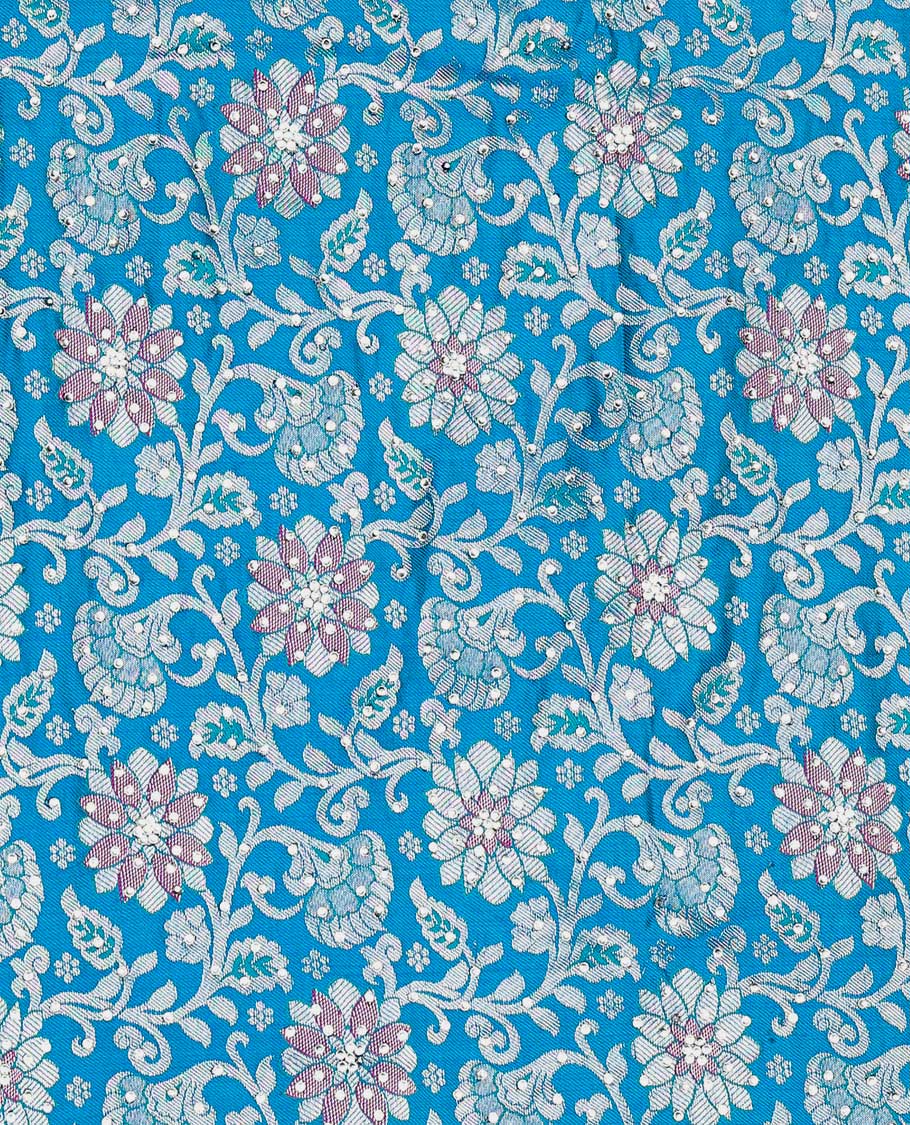 Blue sapphire silksaree with floral vine in stonework, contrast stonework & cutwork border & intricate stonework pallu