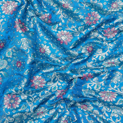 Blue sapphire silksaree with floral vine in stonework, contrast stonework & cutwork border & intricate stonework pallu
