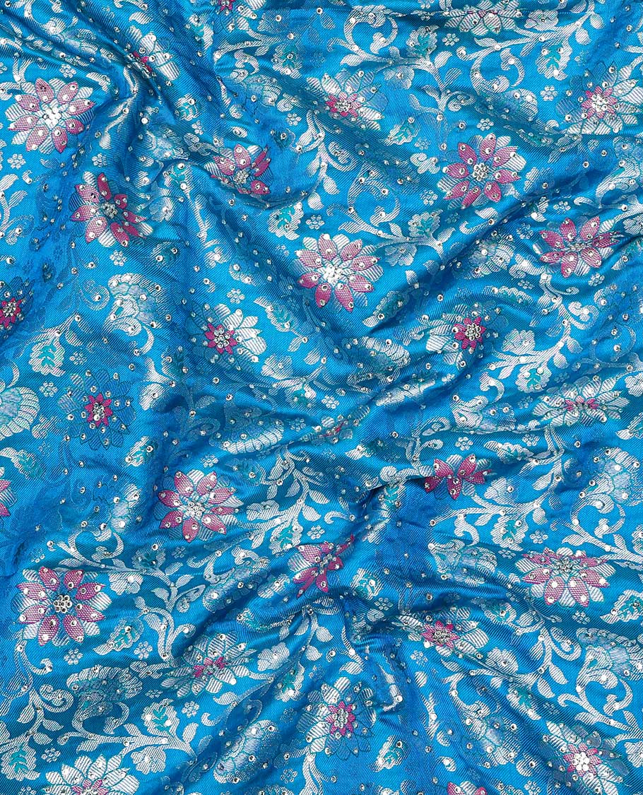 Blue sapphire silksaree with floral vine in stonework, contrast stonework & cutwork border & intricate stonework pallu