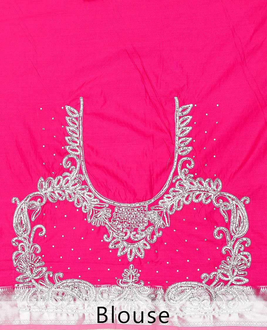 Blue sapphire silksaree with floral vine in stonework, contrast stonework & cutwork border & intricate stonework pallu