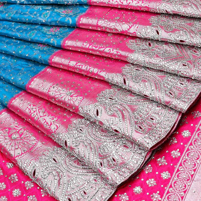Blue sapphire silksaree with floral vine in stonework, contrast stonework & cutwork border & intricate stonework pallu
