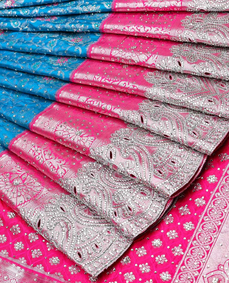 Blue sapphire silksaree with floral vine in stonework, contrast stonework & cutwork border & intricate stonework pallu