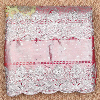 Green floral vine jacquard silksaree with stonework, contrast cutwork border & stonework pallu of intricate jaal design