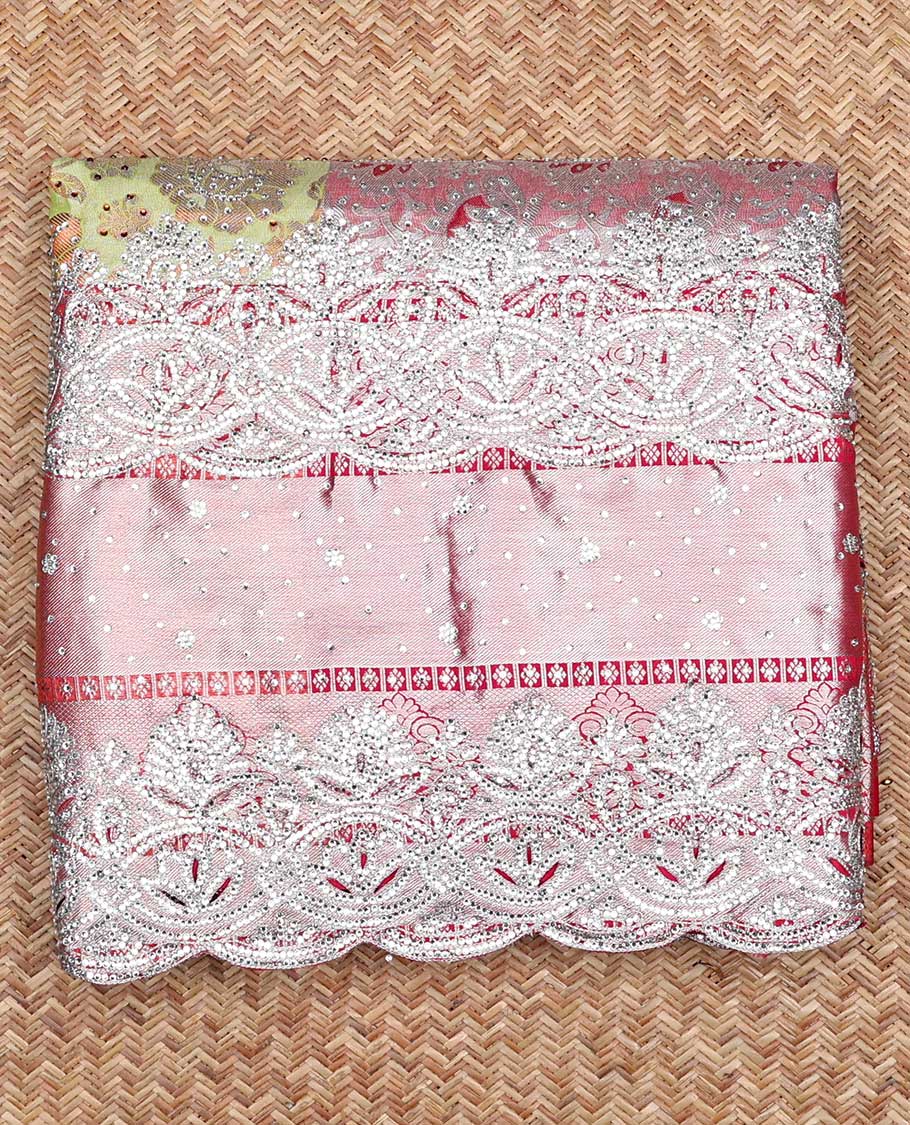 Green floral vine jacquard silksaree with stonework, contrast cutwork border & stonework pallu of intricate jaal design
