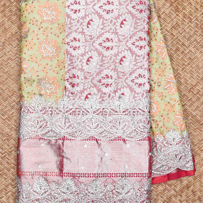 Green floral vine jacquard silksaree with stonework, contrast cutwork border & stonework pallu of intricate jaal design
