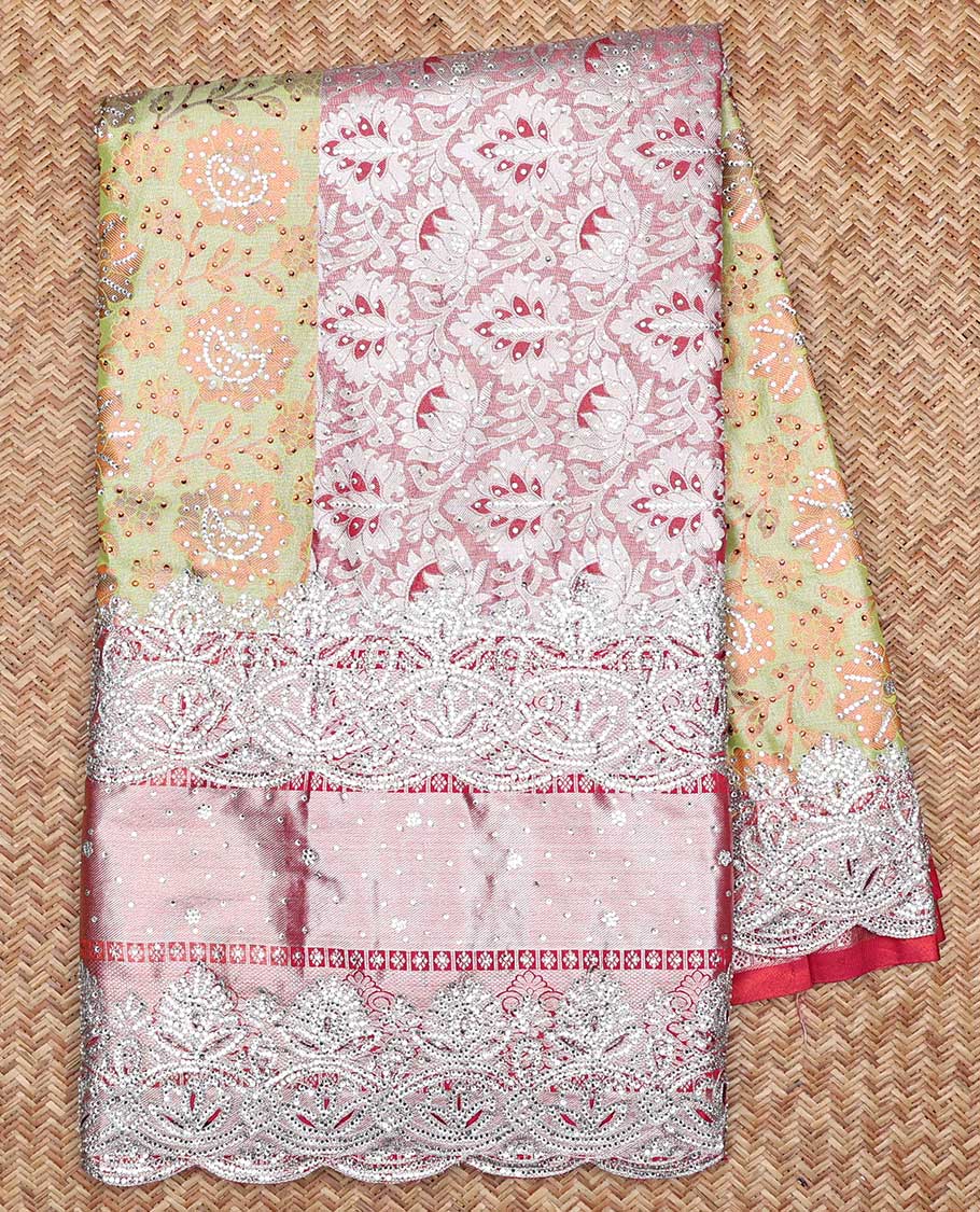Green floral vine jacquard silksaree with stonework, contrast cutwork border & stonework pallu of intricate jaal design
