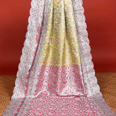 Green floral vine jacquard silksaree with stonework, contrast cutwork border & stonework pallu of intricate jaal design