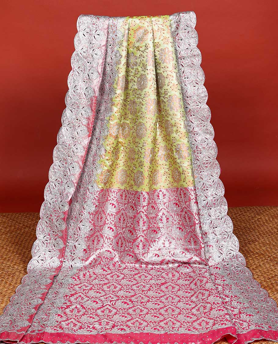 Green floral vine jacquard silksaree with stonework, contrast cutwork border & stonework pallu of intricate jaal design