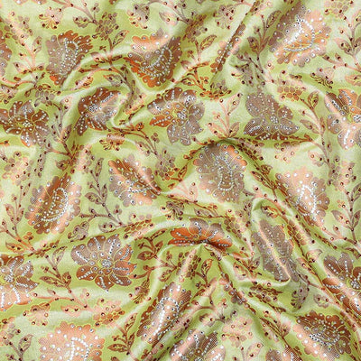 Green floral vine jacquard silksaree with stonework, contrast cutwork border & stonework pallu of intricate jaal design