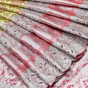 Green floral vine jacquard silksaree with stonework, contrast cutwork border & stonework pallu of intricate jaal design