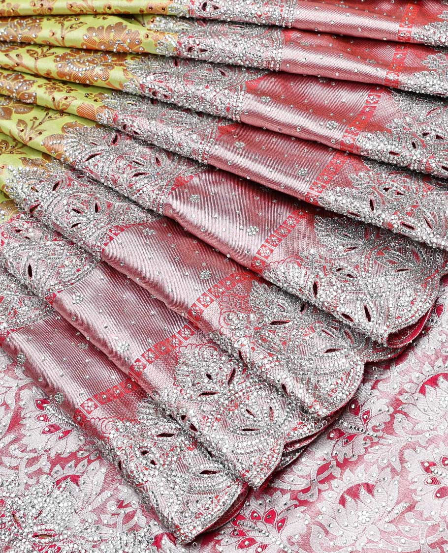 Green floral vine jacquard silksaree with stonework, contrast cutwork border & stonework pallu of intricate jaal design