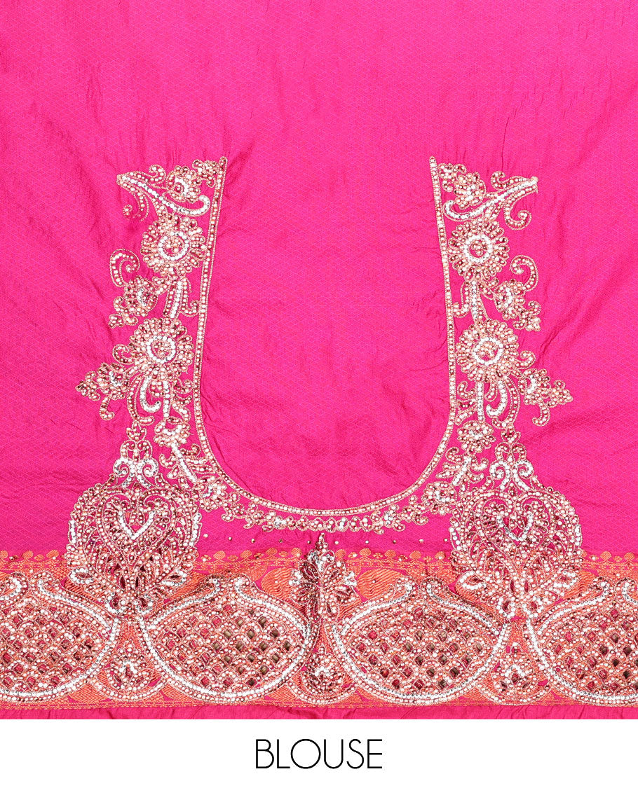Green embossed vastrakala silksaree with ogee patterns & stonework, contrast cutwork border & intricate stonework pallu