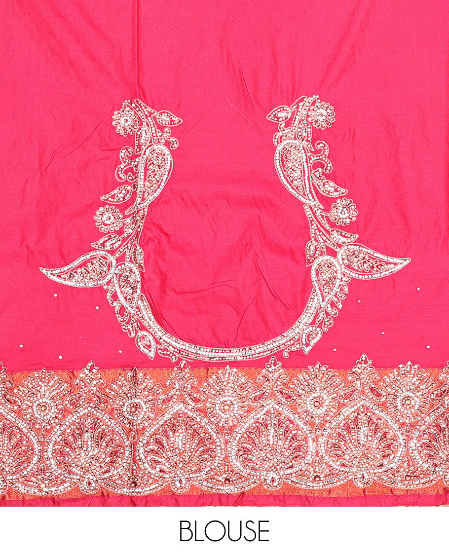 Green jacquard Vastrakala silksaree with stonework buttas, contrast cutwork border & intricate stonework pallu