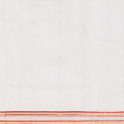 Cream kerala saree with zari buttas on its body, zari border & pallu features peacock designs