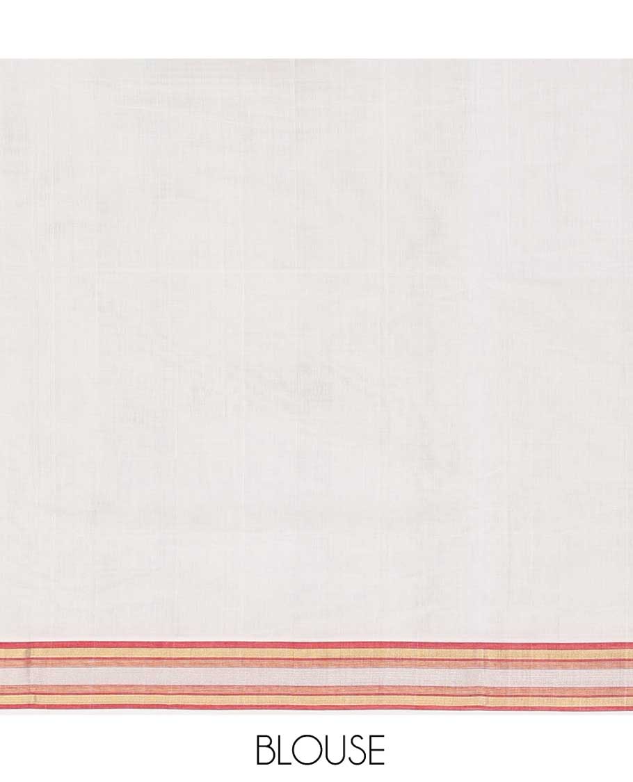 Cream kerala saree with zari buttas on its body, zari border & pallu features peacock designs