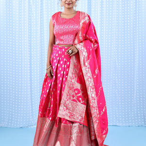 Fuschia banarasi readymade lehenga, floral jaal crop top, paisley motifs & intricate jacquard skirt & banarasi dupatta